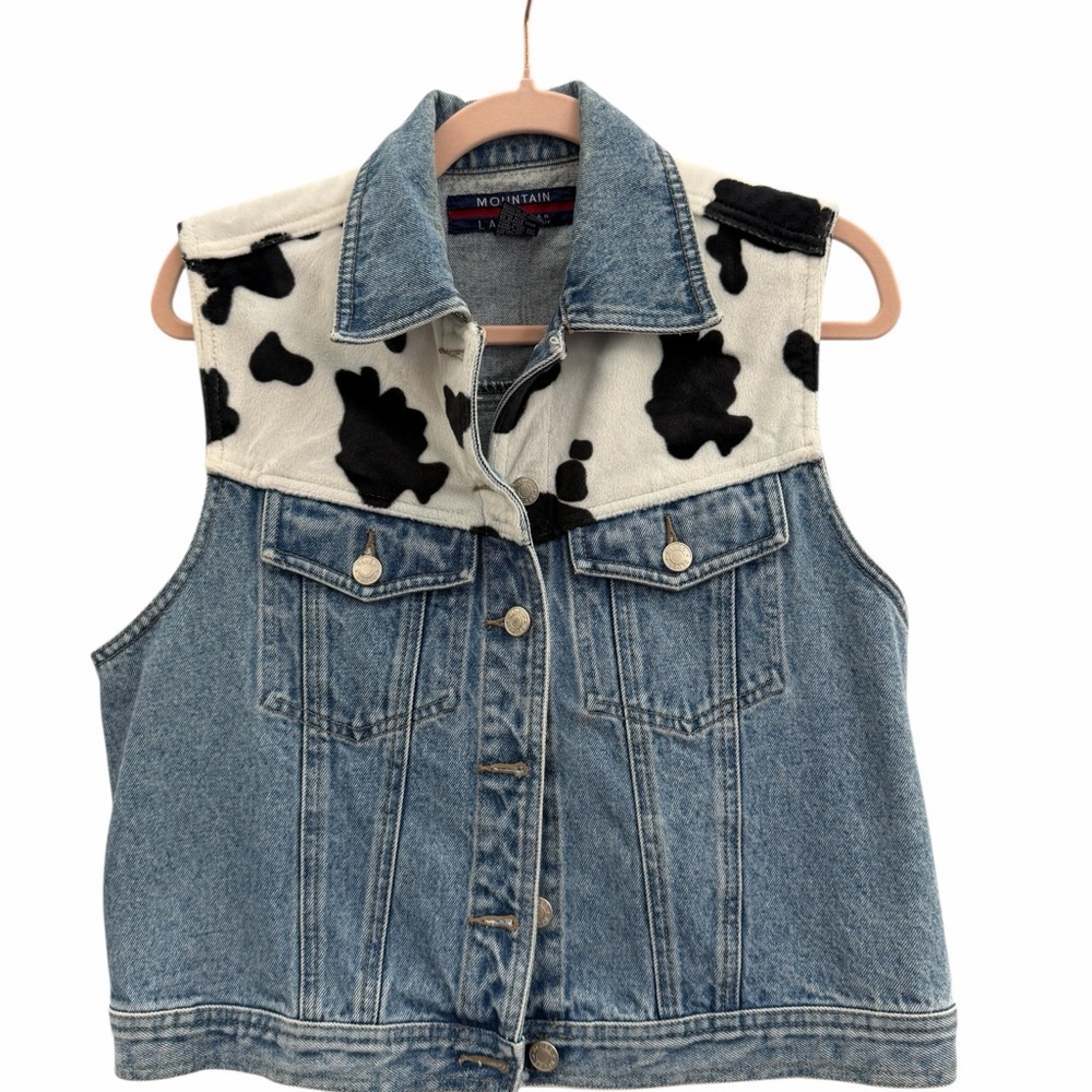 Vintage Cow Print Denim Vest Western Rodeo Festival Y2K Medium